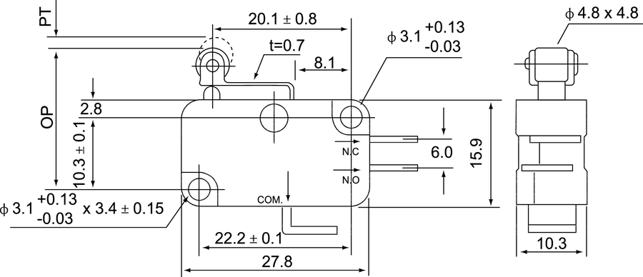 MSV\104C Мікро-вимикач ролик на короткому важелі - Розміри